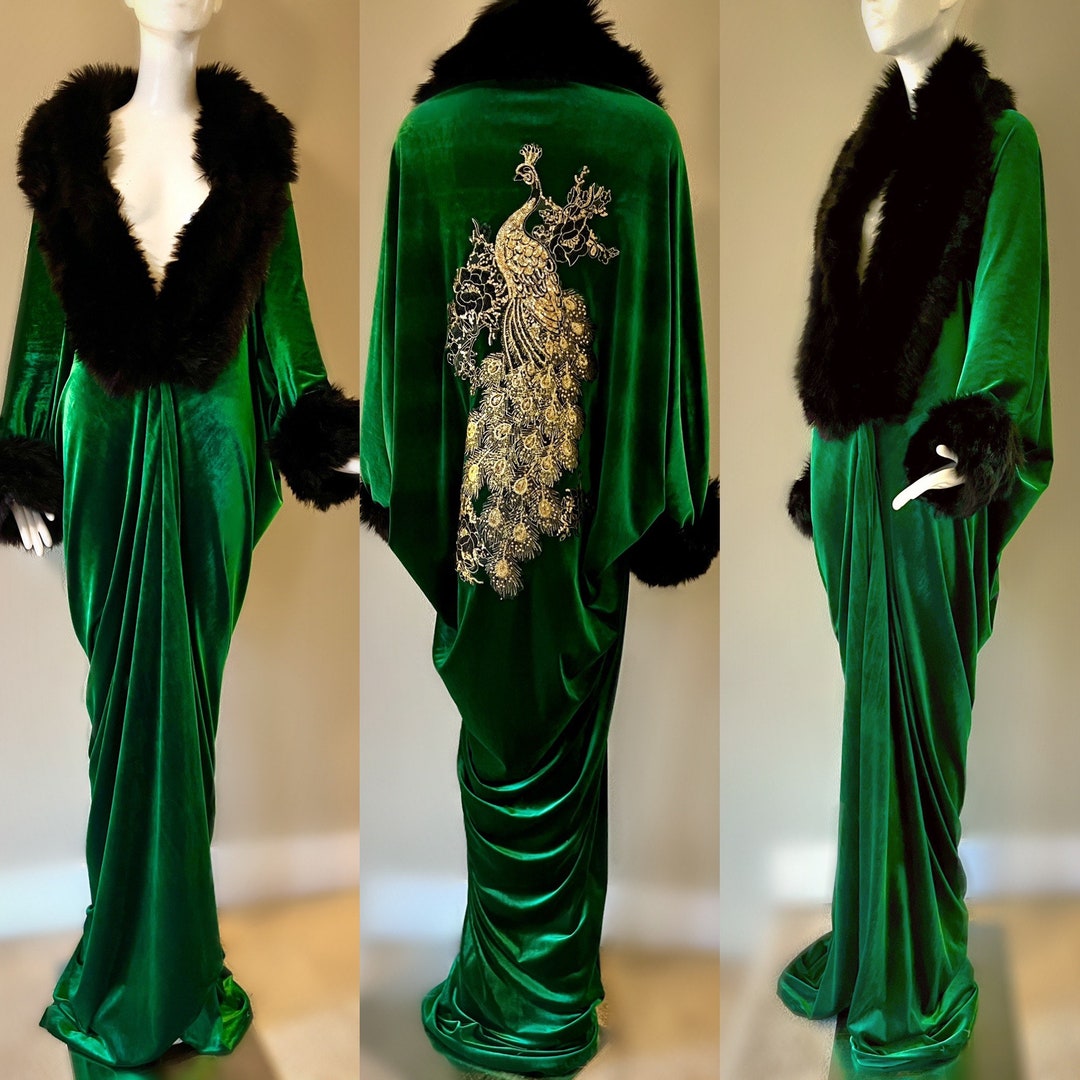 Handmade Emerald Green Velvet Robe,faux Fur Collar, Old Hollywood Robe ...