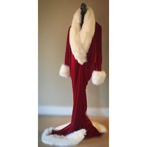 Red Velvet 1920’s-Old Hollywood style-rich red velvet-Full length robe with extended train-faux fur collar, cuffs and hem.
