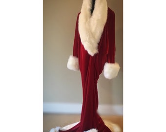 Red Velvet 1920’s-Old Hollywood style-rich red velvet-Full length robe with extended train-faux fur collar, cuffs and hem.