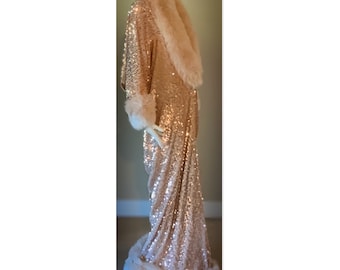 Sparkling champagne-Velvet-sequin cocoon robe with fluffy champagne faux fur collar and cuffs 1920s glamour-Wedding-Burlesque-Gatsby-Downton