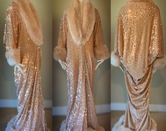 Sparkling champagne-Velvet-sequin cocoon robe with fluffy champagne faux fur collar and cuffs 1920s glamour-Wedding-Burlesque-Gatsby-Downton