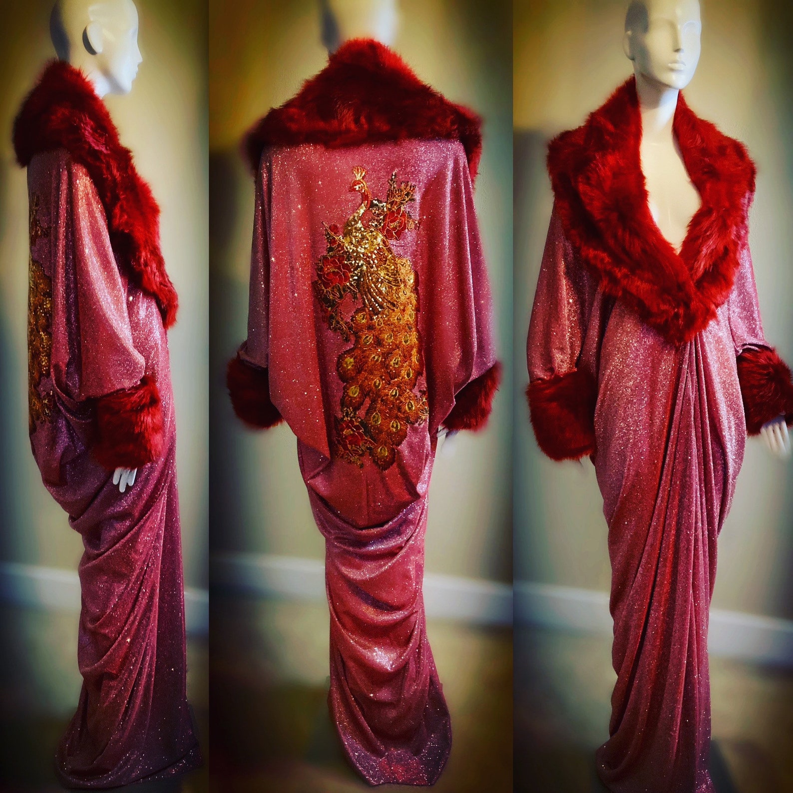 Glitter Iridescent Bright Red handmade cocoon Robe-faux Fur - Etsy