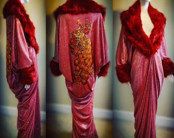 Glitter iridescent bright red -handmade -cocoon robe-faux fur trim-Old Hollywood Robe