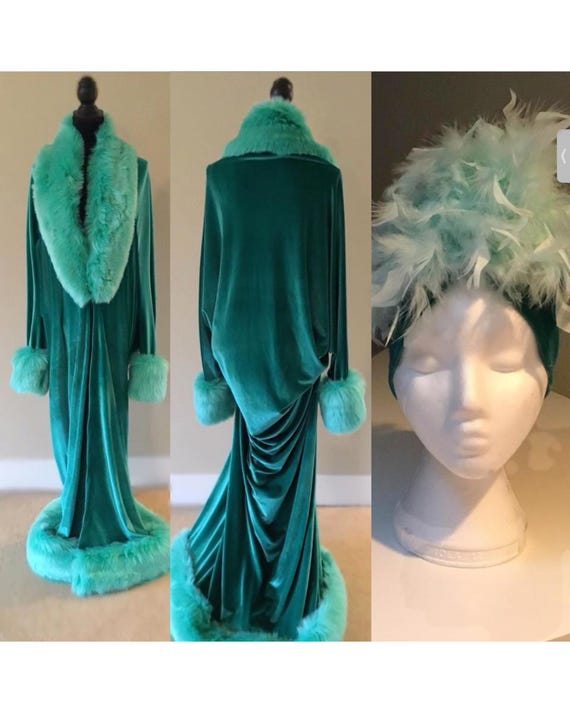 Old Hollywood robe-Jade Green Velvet Cocoon Robe-faux fur trim-Gatsby-Downton-art deco style robe
