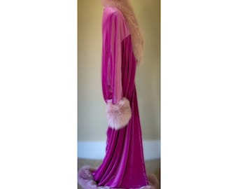 Orchid Pink Velvet Robe: Faux Fur Trim, Old Hollywood Glamour Evening Coat