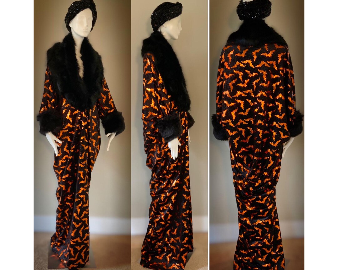 Dark Robe Patterns Halloween Robe Black Velvet Orange Bat Pattern- Full Length Robe-faux ...