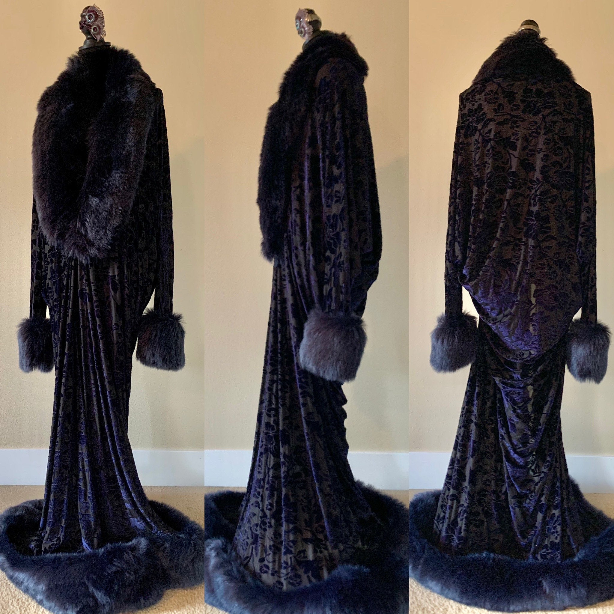 Navy Burnout Velvet Art Deco Robe and Turban Set Robe Faux | Etsy