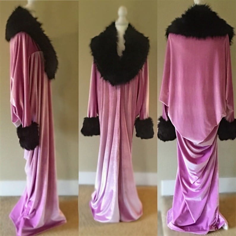 Velvet robe-Old Hollywood style-Full length robe-lavender velvet- faux fur collar. Wedding-burlesque-gift for her image 1