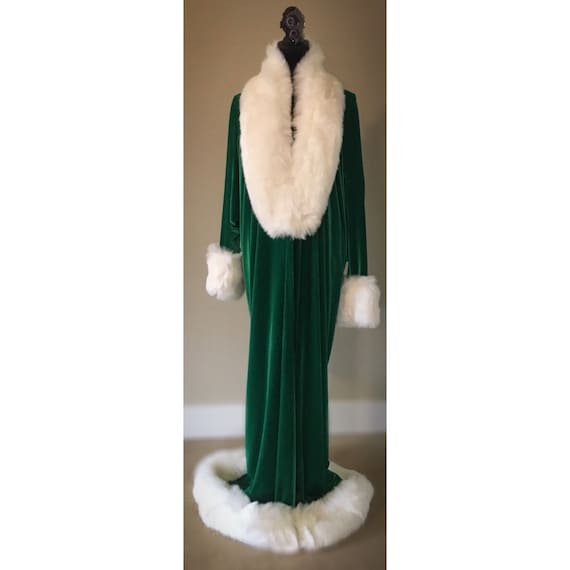 Emerald Green Velvet Christmas Robe-1920’s-Old Hollywood robe-Downton-Gatsby-Christmas gift -full length velvet robe with faux fur trim