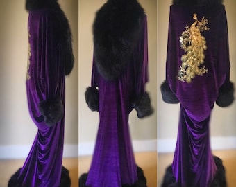 Royal Purple Velvet robe,luscious,faux fur collar cuffs and bottom trim,Old Hollywood robe-1920s style. Luxury,Gift,Boudoir,Wedding