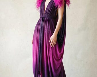 Grecian Goddess Silky Jersey Ombre Glitter Gown,ostrich feather trim,Bridal,burlesque,drag,gift,custom handmade evening gown,red carpet gown