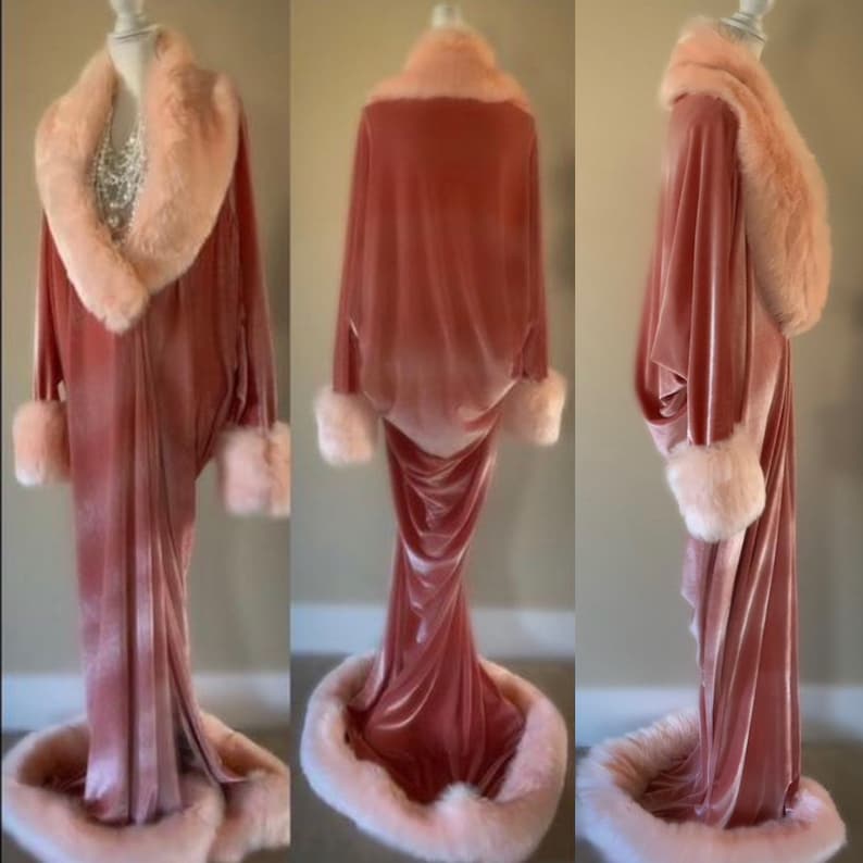 1920s Coats, Flapper Coats, 20s Jackets     Blush Velvet Robe -1920’s-Old Hollywood style-handmade robe- blush velvet-Full length robe -faux fur collar cuffs and hem.  AT vintagedancer.com