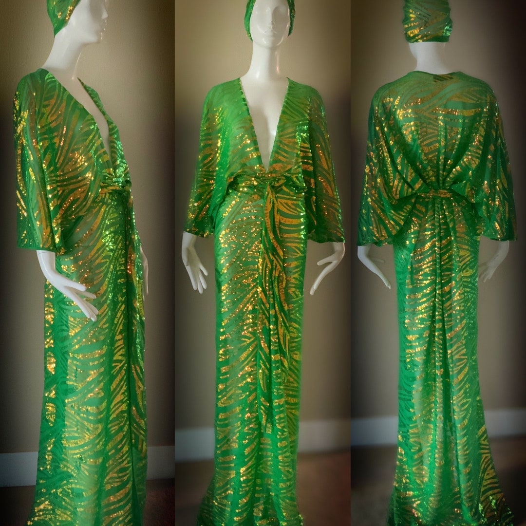 Stunning,sheer Emerald Green Mesh-sequin Velvet Gown-art Deco-angel Wing Sleeve-dramatic Sequin ...