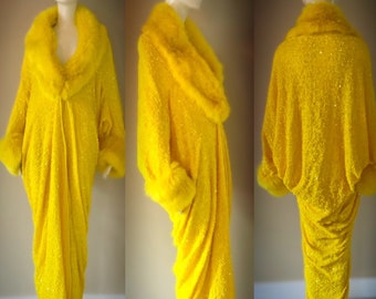 Old Hollywood Velvet sequin evening robe-faux fur collar, 1920s glamour-Beautiful bright lemon yellow sequin velvet -Burlesque-Drag-gift