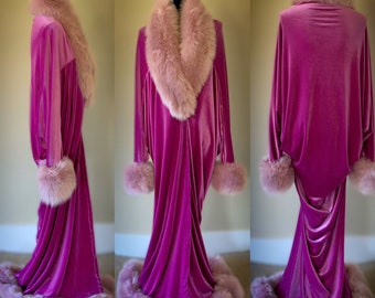 Orchid pink Velvet Robe- Old Hollywood glamour-robe-evening coat-velvet robe-birthday gift -faux fur trim-gift for her-bridal