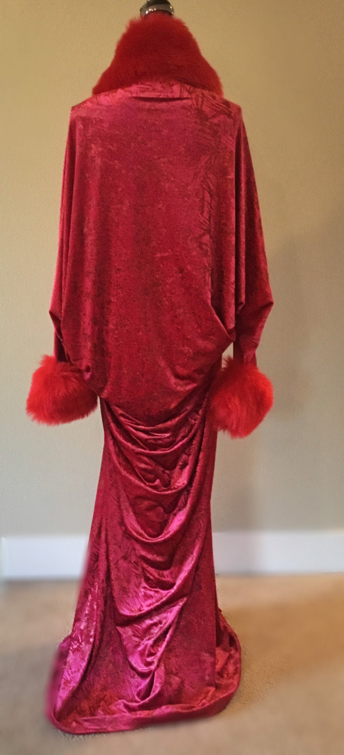 Rich Cherry Red Embossed Velvet Robehandmadefaux Fur Etsy