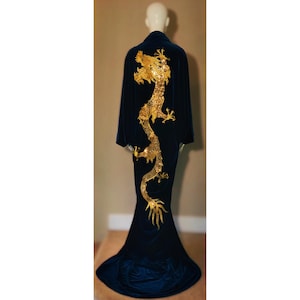 Velvet Dragon Robe-substance dragon robe-custom handmade dark blue velvet robe,Gift,Mothers day