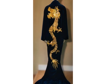 Velvet Dragon Robe-substance dragon robe-custom handmade dark blue velvet robe,Gift,Mothers day