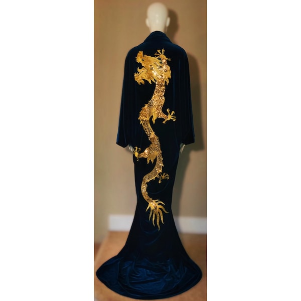 Velvet Dragon Robe-substance dragon robe-custom handmade dark blue velvet robe,Gift,Mothers day