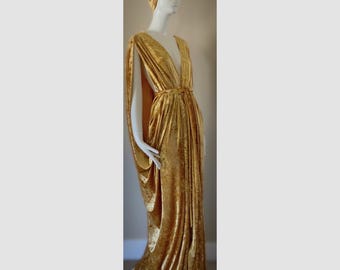 Vestido de diosa griega de terciopelo dorado con turbante. Hecho a mano. Vestido de terciopelo aplastado para ocasiones especiales.