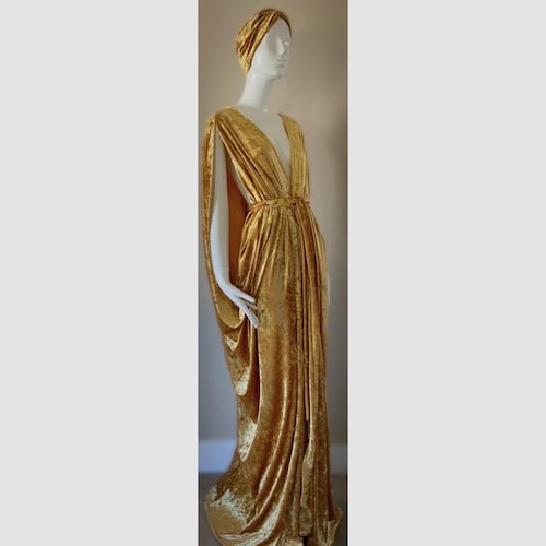 slim fit dress slacks Grecian Gold Satin Sarong Dress  Ino Mei