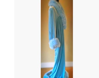 Baby Blue Velvet-Judy Gemstone-Old Hollywood style-Handmade velvet robe-Full length robe faux fur trim-luxury glamour robe-gift for her