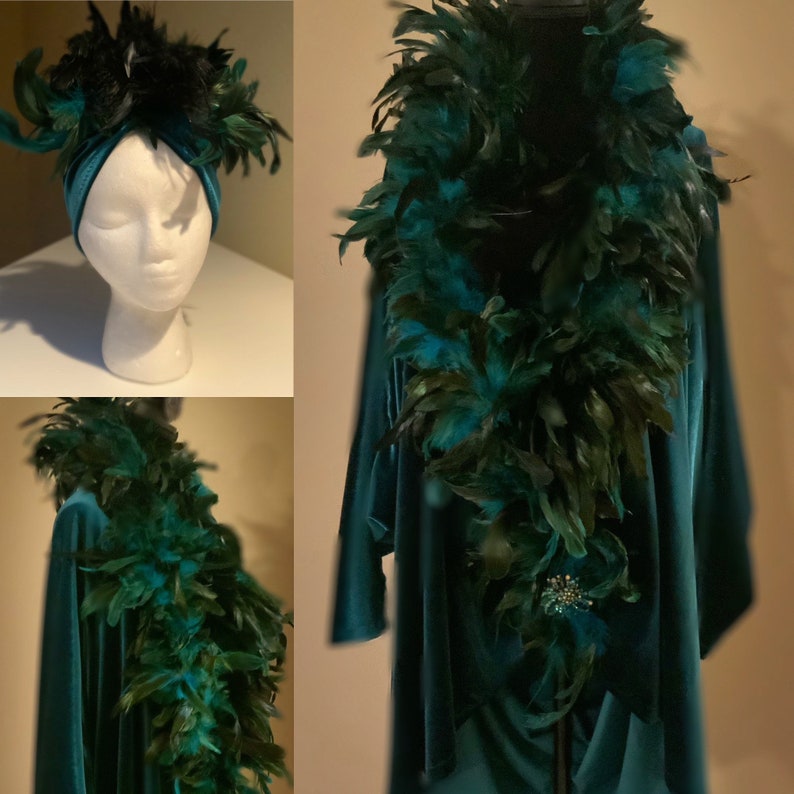 1920s Coats, Flapper Coats, 20s Jackets     Velvet evening cocoon shrug/coat and turban set-teal-peacock hues-feather trim-matching turban  AT vintagedancer.com