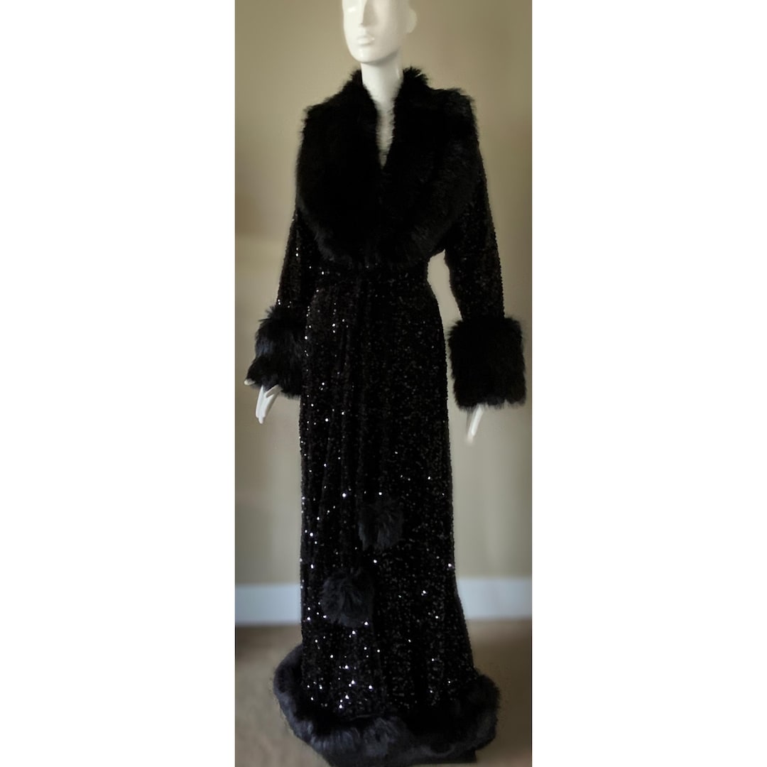 Handmade Glamour Robe-old Hollywood-black Velvet Sequin Robe-faux Fur ...