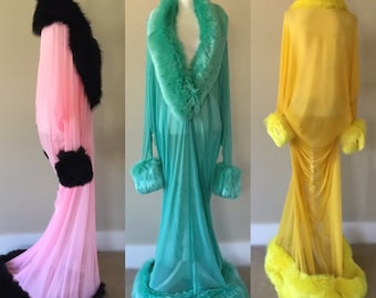 Custom made-sheer cocoon robe, faux fur collar,cuffs and hem. Old Hollywood style glamour. Multiple colors available.