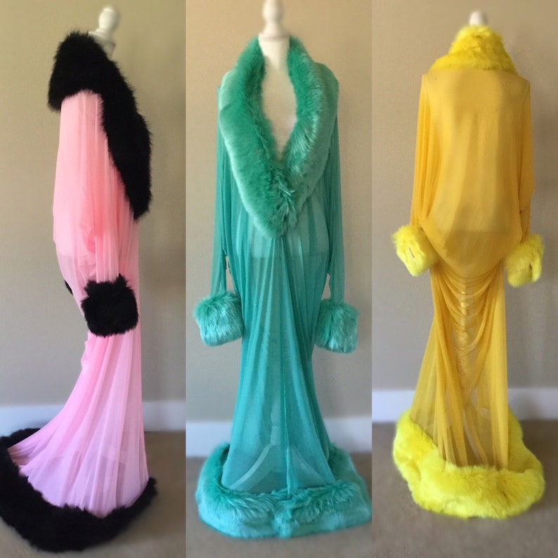 Vintage Robes | Lace, Feather, Fur Trim Robes Peignoir set     Handmadesheer cocoon robe faux fur collarcuffs and hem. Old Hollywood style glamour. Multiple colors available.  AT vintagedancer.com