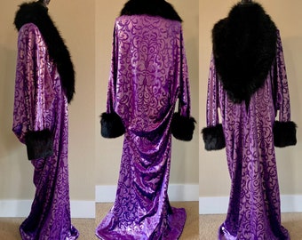 1920s style-Old Hollywood glam-purple embossed-Velvet robe-faux fur trim-Downton-Gatsby-Burlesque-Gift-Mothers day