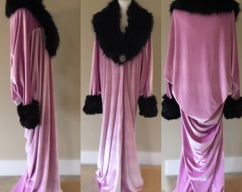 Velvet robe-Old Hollywood style-Full length robe-lavender velvet- faux fur collar. Wedding-burlesque-gift for her