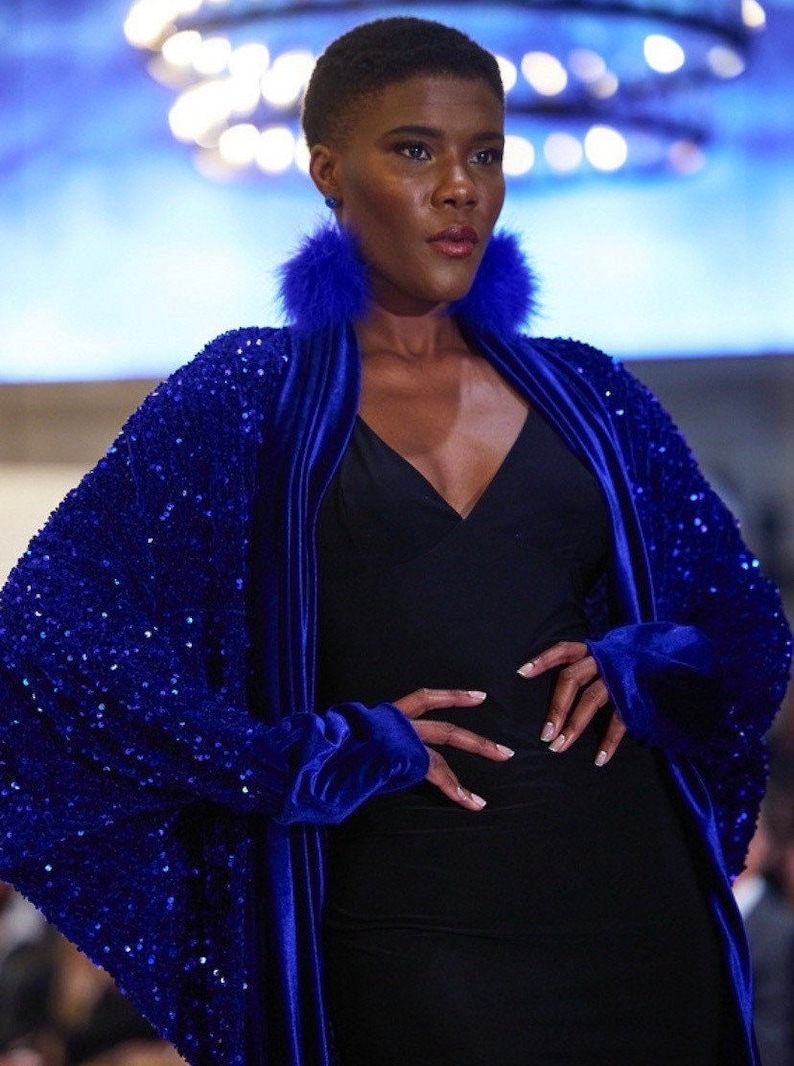 Royal Blue Velvet-sequin Cocoon Robe With Dramatic Velvet Collar and ...