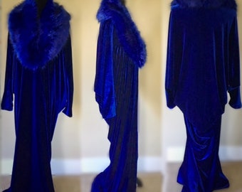 Custom made-Royal Blue-Velvet Cocoon Robe-faux fur collar-Old Hollywood-Gatsby-1920s Downton style-Burlesque-Gift-Bridal-wedding-luxury robe