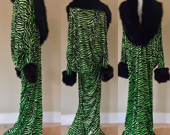 Green zebra-Velvet robe -Old Hollywood style robe-Custom made robe-neon green zebra print -velvet-faux fur-wedding-burlesque-gift for her.
