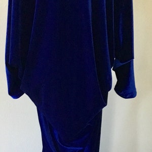 May include: A long, royal blue velvet gown with a matching fur collar. The dress has a draped design and a slight train. The sleeves are long and the fabric has a soft sheen.