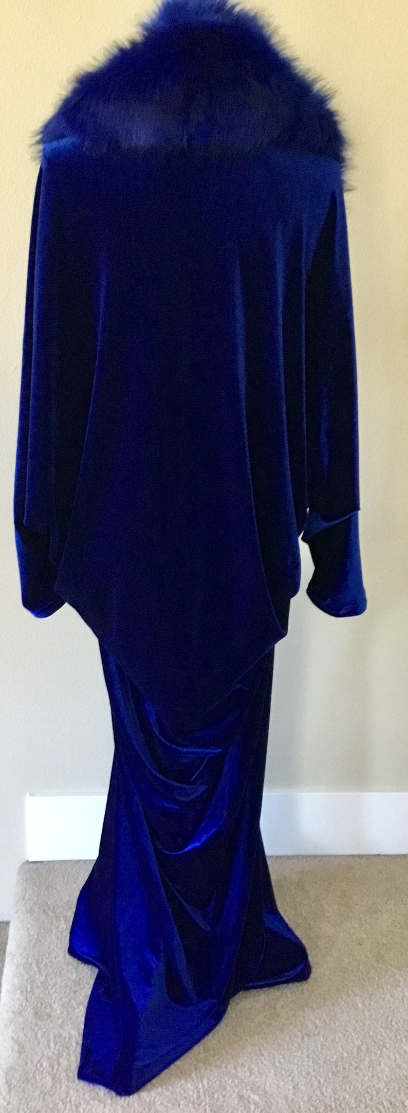 May include: A long, royal blue velvet gown with a matching fur collar. The dress has a draped design and a slight train. The sleeves are long and the fabric has a soft sheen.