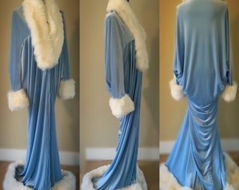 Baby Blue Velvet 1920’s-Old Hollywood style-Handmade velvet robe-Full length robe faux fur trim-luxury glamour robe