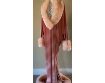 Blush Velvet Robe -1920’s-Old Hollywood style-handmade robe- blush velvet-Full length robe -faux fur collar, cuffs and hem.