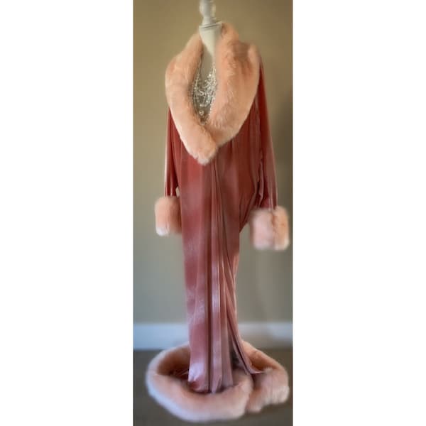 Blush Velvet Robe -1920’s-Old Hollywood style-handmade robe- blush velvet-Full length robe -faux fur collar, cuffs and hem.