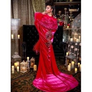 Glamorous 1920’s-Old Hollywood style- Fuschia velvet robe . Handmade Full length robe with faux fur trim-Wedding-burlesque-gift for her.