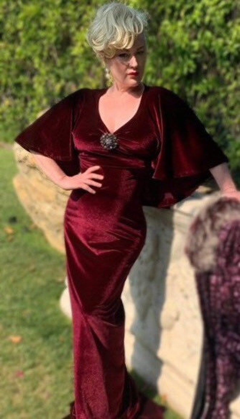 Indian Summers Inspired Clothing     As seen in  BOMBSHELL MAGAZINE 1930’s style Femme Fatale Noir Velvet Gown. Evening gown with cape back.  AT vintagedancer.com