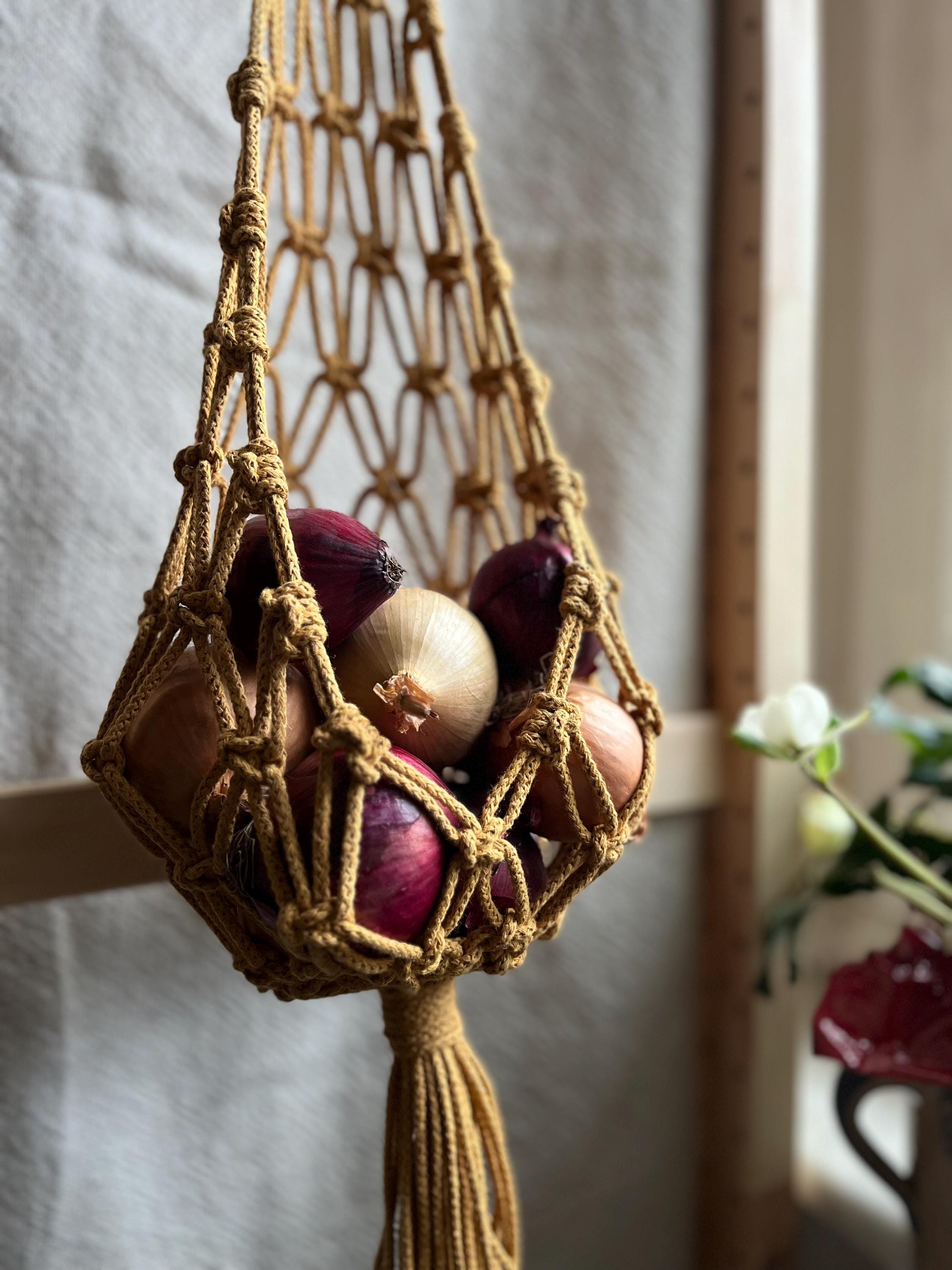 Handmade Macrame Hanging Fruit Basket – Eco-Friendly Kitchen Storage – Recycled Cotton