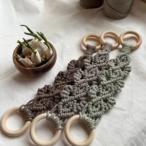 Può includere: Tre portavasi in macramè nei toni del marrone e del verde, ciascuno con un anello in legno naturale. A sinistra, una piccola ciotola di legno piena di bulbi d'aglio e germogli verdi. Bobine di spago sullo sfondo.