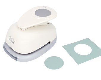 May include: A white and grey circle punch with the brand name "birabira" printed on the side. The punch is used to create circles in paper. The image also shows a sample of a circle punched out of a light blue piece of paper.