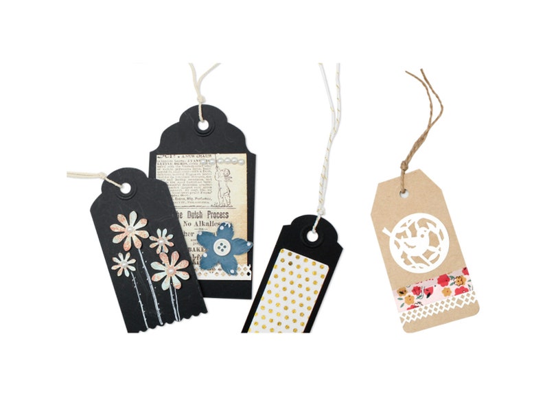 May include: Three gift tags with twine. One black tag with a floral design, one black tag with gold polka dots, and one brown tag with a white bird design and floral patterned tape.