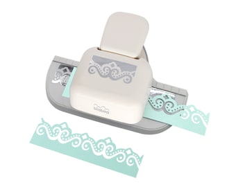 May include: A white and gray paper punch with a light blue border design. The punch is used to create decorative edges on paper.