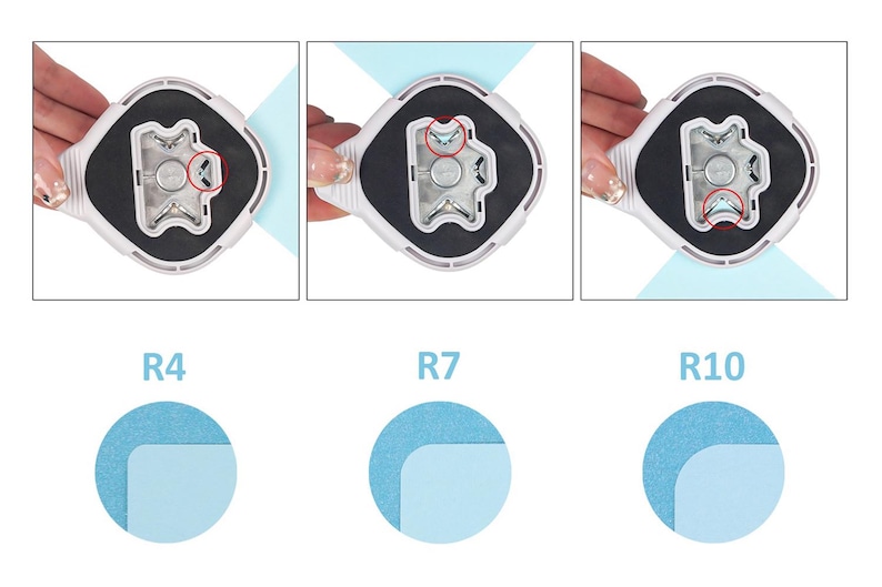 May include: Three close-up images of a white paper punch with a black base. The punch is shown in three different positions, labeled R4, R7, and R10. Each position shows a different size of paper punch.