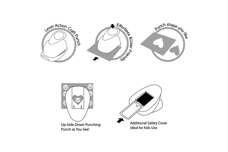 May include: A black and white illustration showing how to use a heart-shaped craft punch. The punch is shown in different positions, including how to use it to punch out multiple hearts in a row. The illustration also shows a safety cover for the punch.