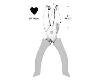 May include: A silver heart-shaped punch with grey handles. The punch creates a 1/4 inch heart and has a 2 inch reach.